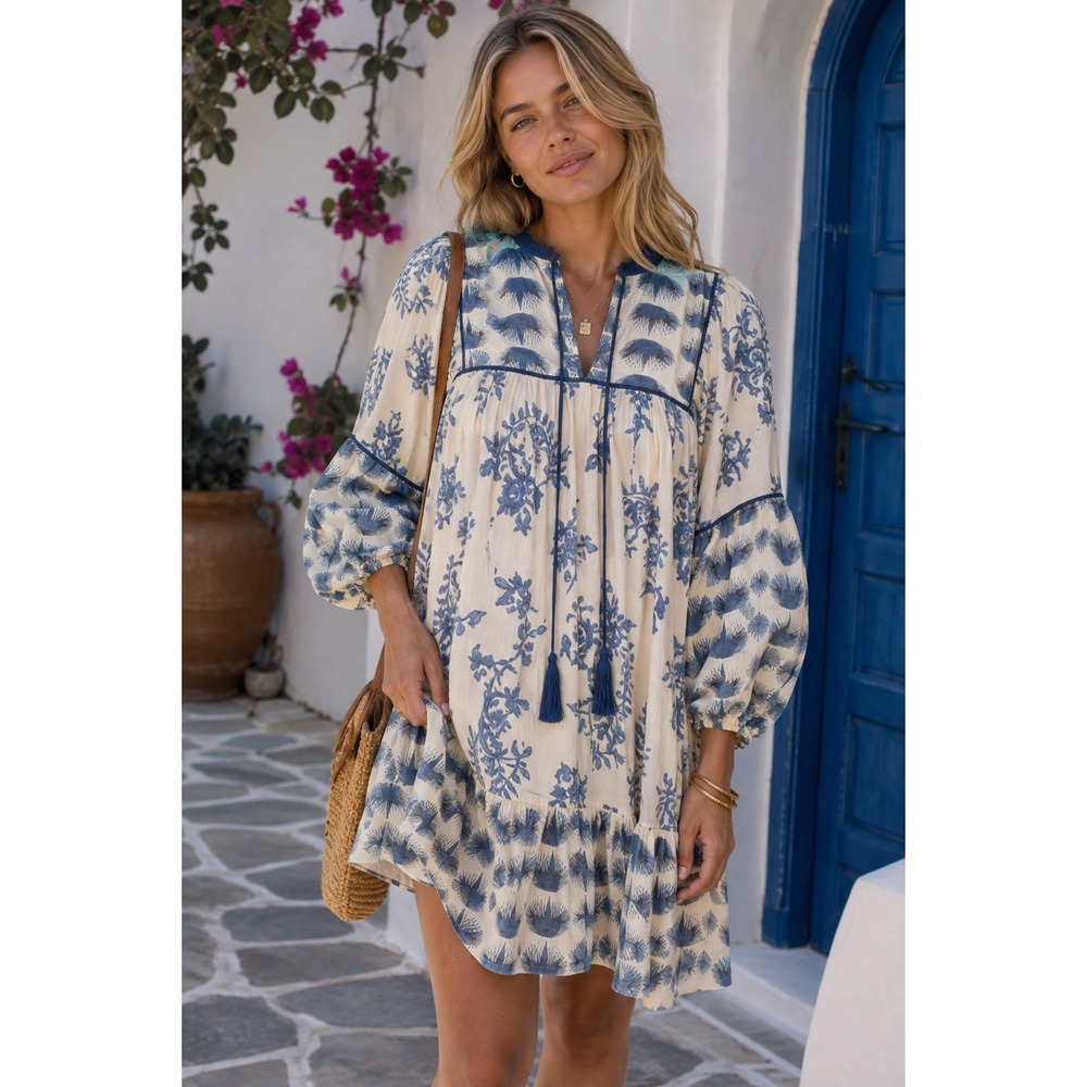 Umgee NWT Blue Ivory Boho Paisley Cottagecore Mini Dress Balloon Sleeves Size‎ L
